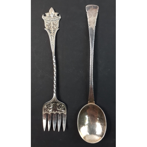 142 - Two more unusual pieces of silver to include a pickle fork 13cm long, hallmarked Birmingham 1894 and... 