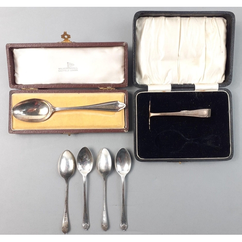 143 - A Walker & Hall silver spoon hallmarked Sheffield 1927, 15cm long, plus a 4 teaspoons and also a... 