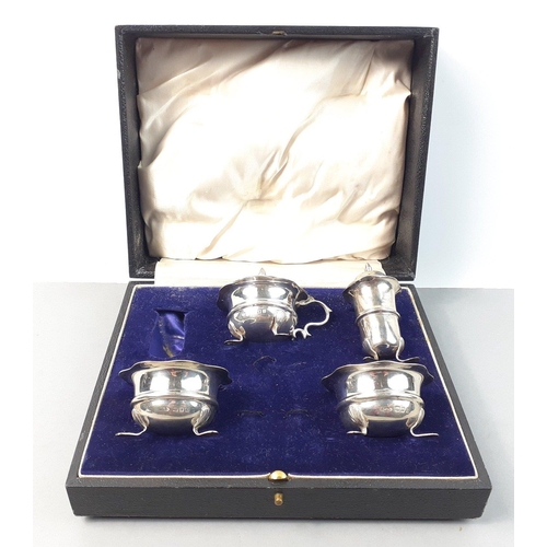 145 - A boxed condiment set with 3 dishes (all with Bristol liners, 1 damage repaired) hallmarked London 1... 