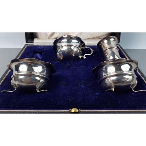 145 - A boxed condiment set with 3 dishes (all with Bristol liners, 1 damage repaired) hallmarked London 1... 