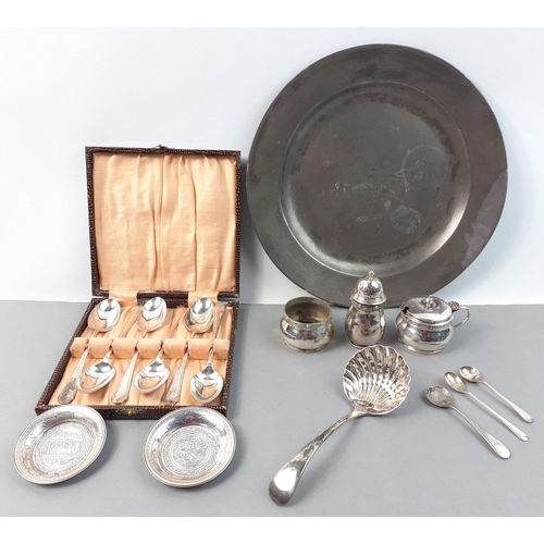 157 - A small collection to include a pewter plate (25cm dia approx), a boxed set of 6 EPNS teaspoons, 3 c... 