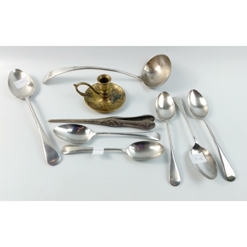 159 - A selection of EP flatware to include glove stretchers, Walker & Hall ladle, a small brass candl... 