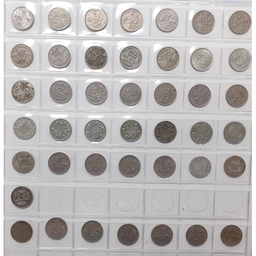 179 - Sing a song of sixpence! An album page containing 43 sixpence pieces.  Includes 15 x pre-1947 coins ... 