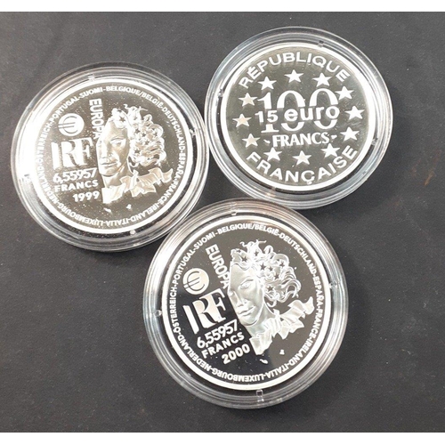 189 - Three beautiful MONNAIE DE PARIS silver proof coins each beautifully presented in a plush case with ... 