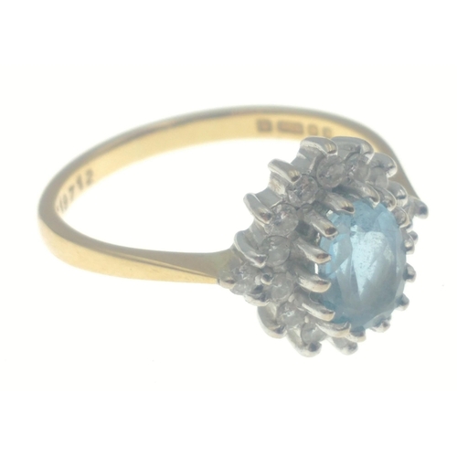 19 - A beautiful 750 stamped gold ring with 7mm approx aquamarine centre stone surround by 16 good diamon... 