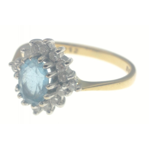 19 - A beautiful 750 stamped gold ring with 7mm approx aquamarine centre stone surround by 16 good diamon... 