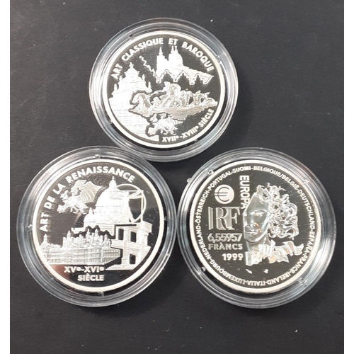 191 - Three beautiful MONNAIE DE PARIS silver proof coins each beautifully presented in a plush case with ... 