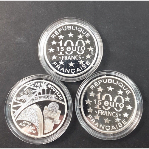 192 - Three beautiful MONNAIE DE PARIS silver proof coins each beautifully presented in a plush case with ... 