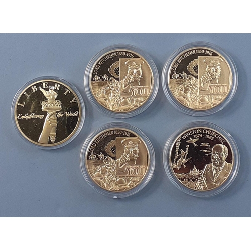 203 - A selection of Westminster Mint plated coins to include 1886 Liberty, Winston Churchill, Kitchener a... 