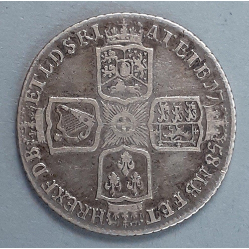 240 - 1758 Silver Shilling Coin George II in nice collectible grade.  Wear to high spots but great detail ... 