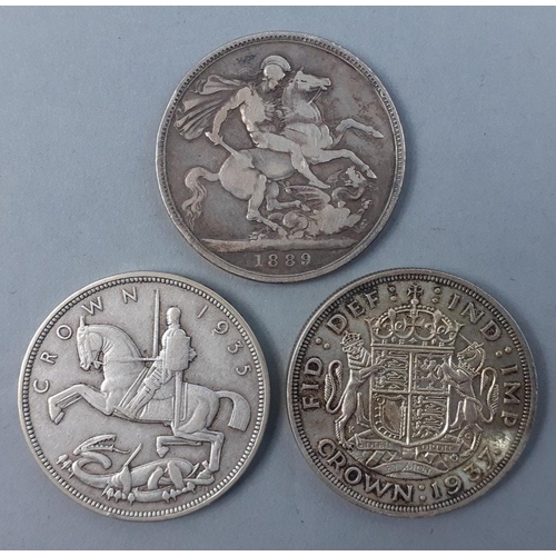 248 - Three CROWNS coins of interest to include Victoria 1889, George V 1935 Rocking Horse, George VI 1937... 