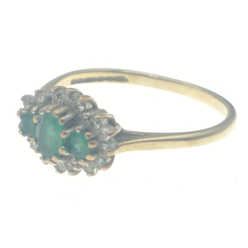 25 - Purchased in HATTON GARDEN London.  A marvellous 9 carat gold and emerald and diamond 9 (tested) rin... 