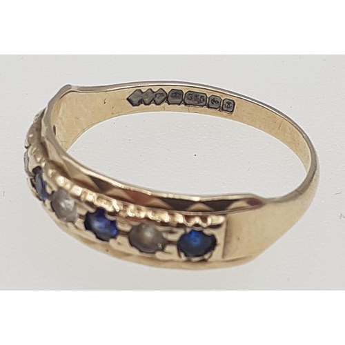 26 - A 375 stamped gold ring set with 4 sapphires and 3 diamonds (tested), size N, gross weight 1.9g appr... 