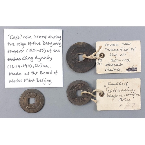 264 - CHINA.  Three ancient Chinese coins. Two with older collated  collection labels indicating from 1600... 