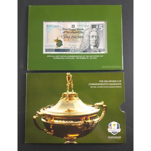 276 - ROYAL BANK OF SCOTLAND 2014 Gleneagles Ryder Cup commemorative £5 Five Pounds banknote in folde... 