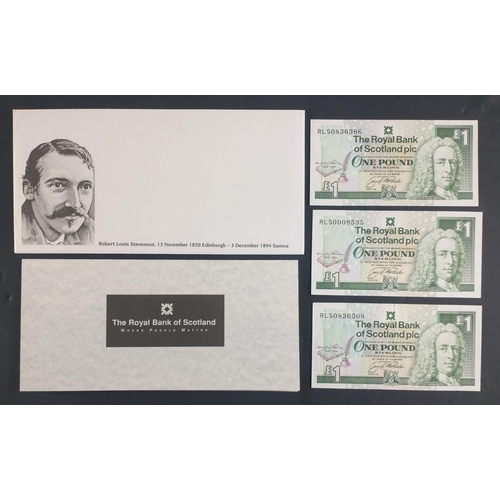 279 - ROYAL BANK OF SCOTLAND Robert Louis Stevenson three crisp uncirculated one pound banknotes in folder... 