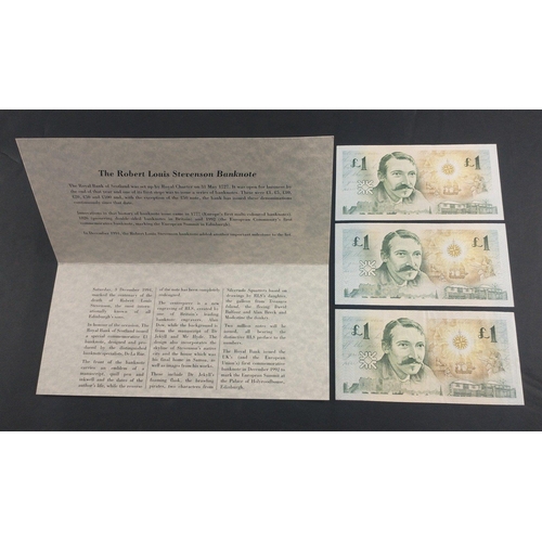 279 - ROYAL BANK OF SCOTLAND Robert Louis Stevenson three crisp uncirculated one pound banknotes in folder... 