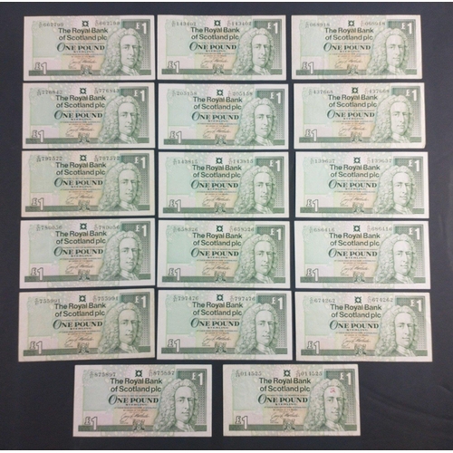 280 - RARE BANKNOTES.  Royal Bank of Scotland un-watermarked HEADLESS One Pound £1 Notes x17  A great... 