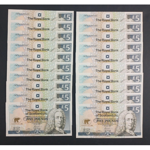 284 - ROYAL BANK OF SCOTLAND Jack Nicklaus £5 Five Pounds banknotes. A consecutive run of twenty of t... 