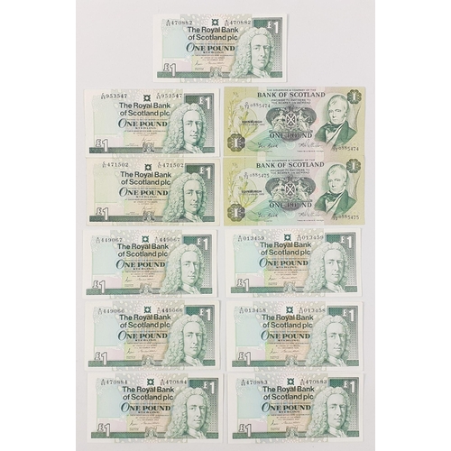 287 - Eleven Scottish one pound bank notes of interest to include a sequential trios and three sequential ... 