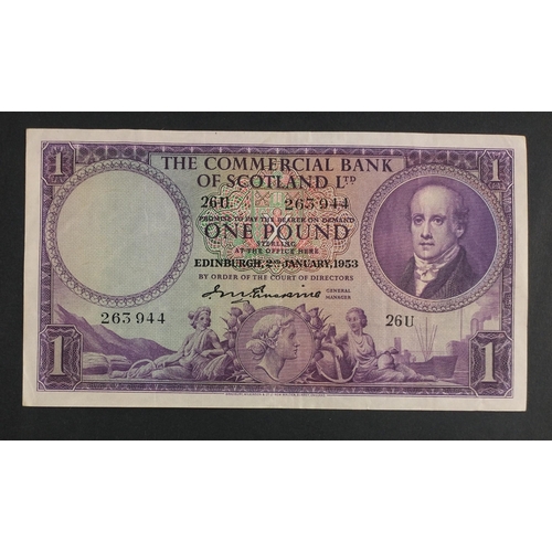 291 - THE COMMERCIAL BANK OF SCOTLAND. 1953 £1 One Pound banknote in good collectible grade. Crisp cl... 