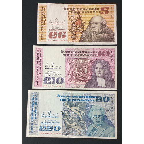 293 - Irish bank note interest - from 1991/1992 a five pound, ten pound and twenty pound note from the Cen... 