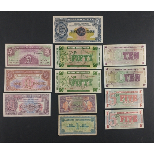 294 - Three Banknote album pages containing eleven BRITISH ARMED FORCES banknotes in good collectible cond... 