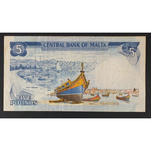 295 - A Central Bank of Malta 1967 five liri bank note.  In good condition with light creasing#294