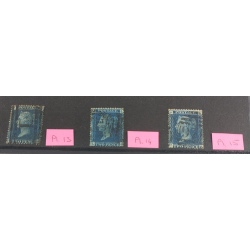 309 - A stock card containing three beautiful TWOPENNY BLUE Postage stamp. Interesting plate numbers 13,14... 