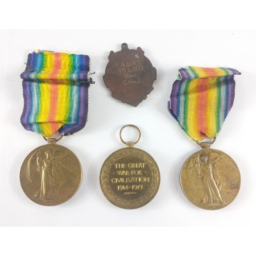 346 - Three WWI VICTORY medals, two with original ribbons. Named to: Sjt. GJ Litster ASC, W.J. Binham RN, ... 