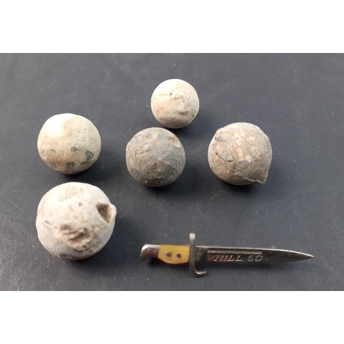 349 - Five 17-18th century musket balls, found in East Lothian plus a very pretty sweetheart brooch stampe... 