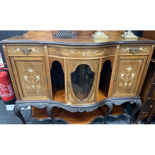 358 - A stunning vintage centre bow-fronted sideboard, with bow legs and intricate dolphinesque inlay meas... 