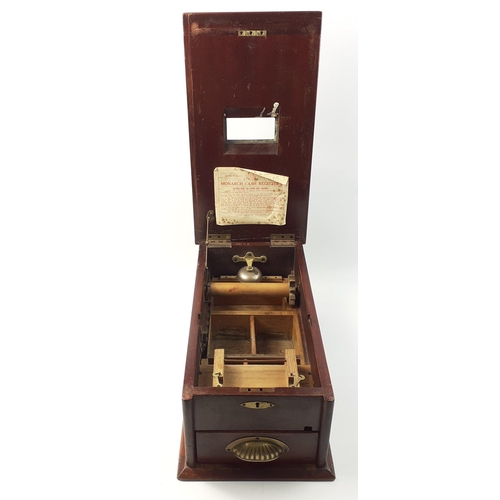 364 - An antique mahogany working till - with brass fittings, bell and slit on top for customer receipt ro... 