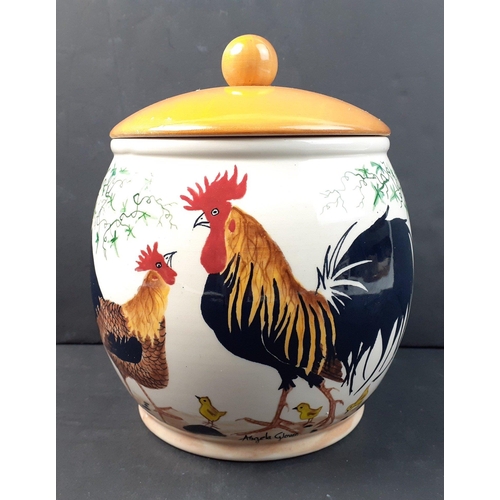 378 - An ART FIRE ceramic biscuit barrel signed by ANGELA GLOVER, decorated with cockerels, standing 18cm ... 