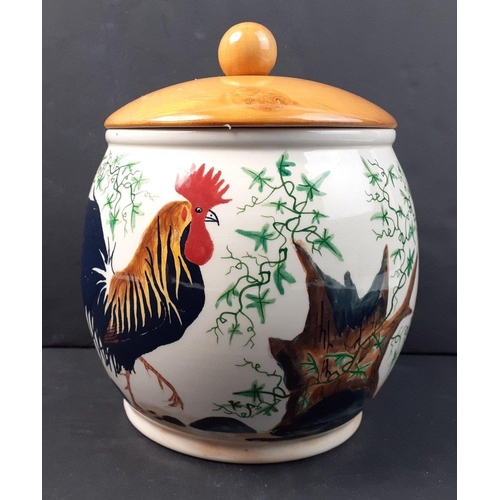 378 - An ART FIRE ceramic biscuit barrel signed by ANGELA GLOVER, decorated with cockerels, standing 18cm ... 