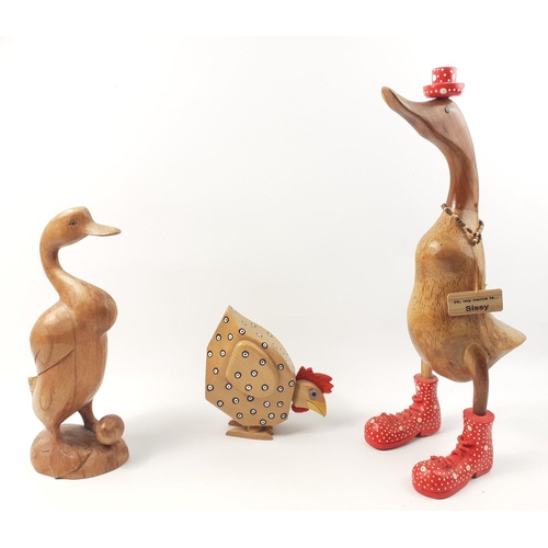 382 - A BAMBOO ART Sissy duck standing 36cm tall, plus one other duck with egg and a wooden chicken#381... 