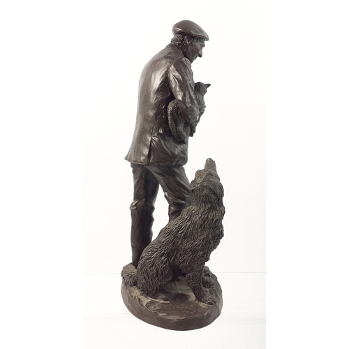 383 - A charming resin figurine of a shepherd with his collie and carrying a lamb, stamped ELPHICK 1979, s... 