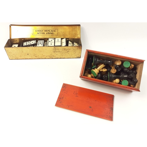 430 - A lovely vintage Staunton wooden chess set in a box.  King stands 6cm tall with a vintage tinned Riv... 