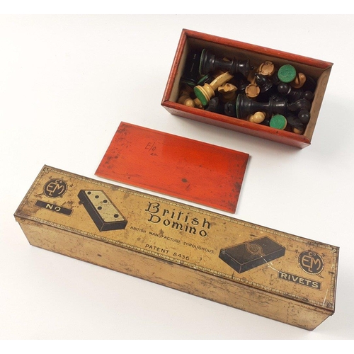 430 - A lovely vintage Staunton wooden chess set in a box.  King stands 6cm tall with a vintage tinned Riv... 