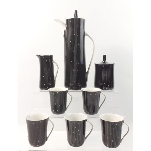 449 - Vintage black and white 60s coffee set comprising a tall 28cm coffee pot, sugar and cream bowls, 5 c... 