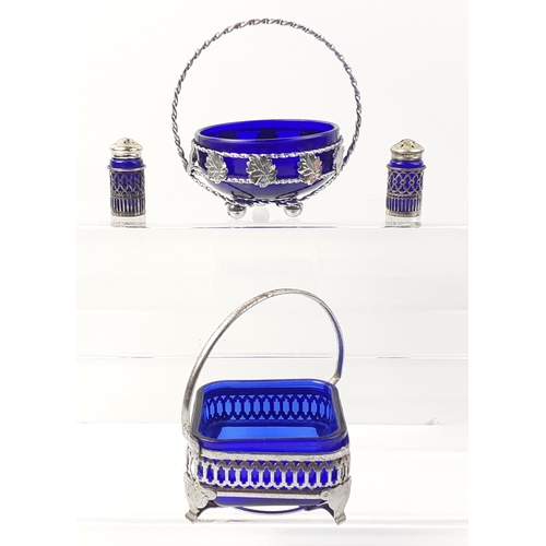 462 - Two white metal trinket dishes lined with Bristol glass, larger 10cm diameter, plus 2 condiment dish... 