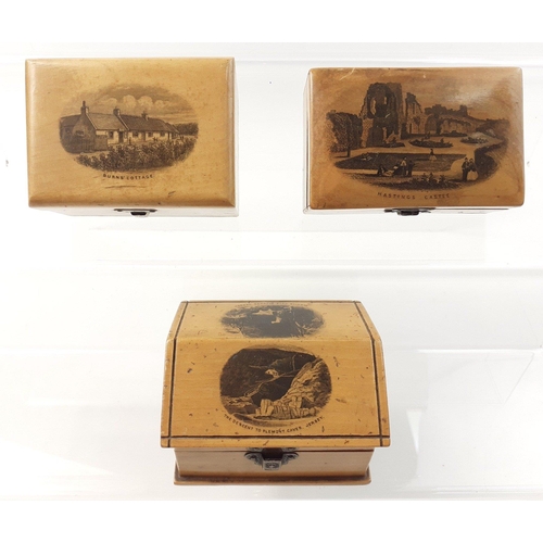 469 - Three small Mauchline ware boxes depicting Burns Cottage - Plemont Caves and Devils Hole Jersey and ... 