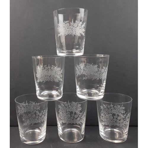 479 - CLASSY ETCHED THISTLE design clear glass whisky tumblers - 9.5cm tall approx#478