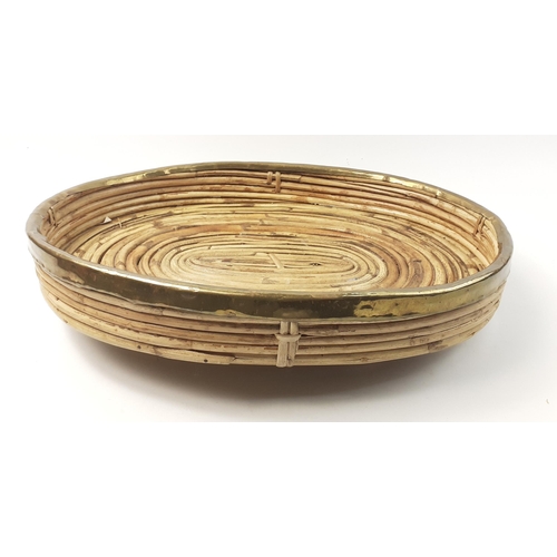 489 - A large, shallow brass banded bamboo serving tray, 46cm across#488