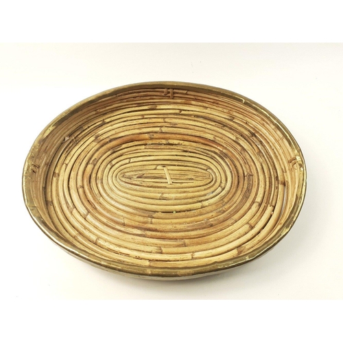 489 - A large, shallow brass banded bamboo serving tray, 46cm across#488