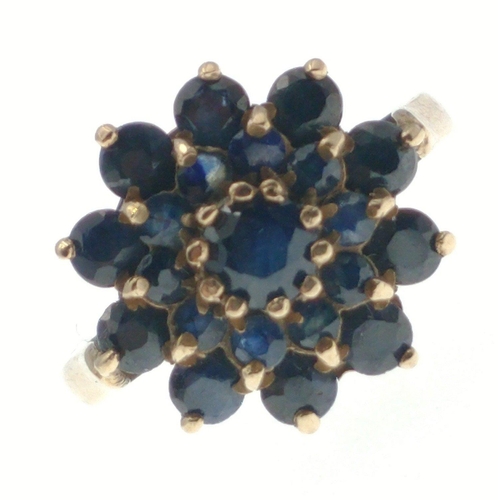 5 - A 9ct gold ring hallmarked Birmingham set with dark blue stones in a floral pattern, size N/O, gross... 