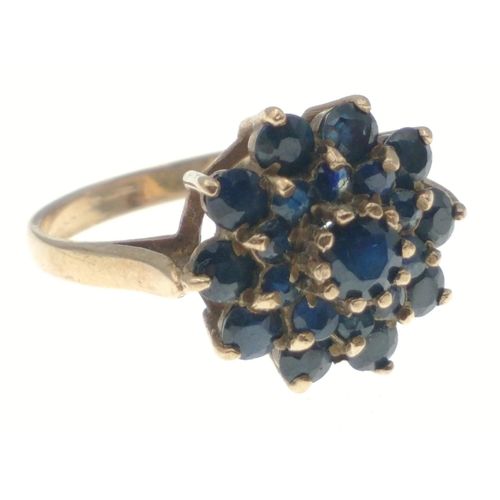 5 - A 9ct gold ring hallmarked Birmingham set with dark blue stones in a floral pattern, size N/O, gross... 