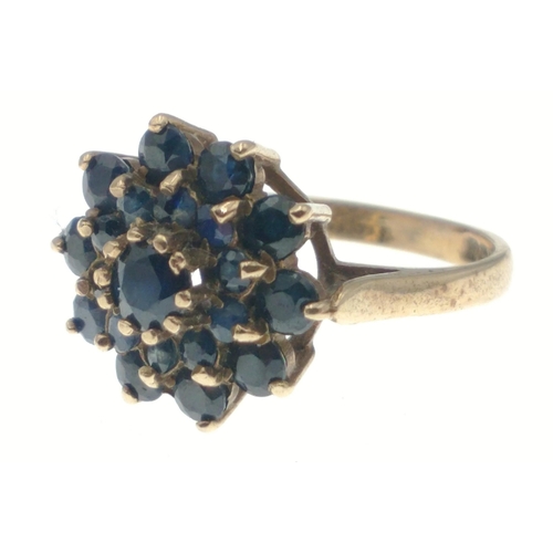 5 - A 9ct gold ring hallmarked Birmingham set with dark blue stones in a floral pattern, size N/O, gross... 