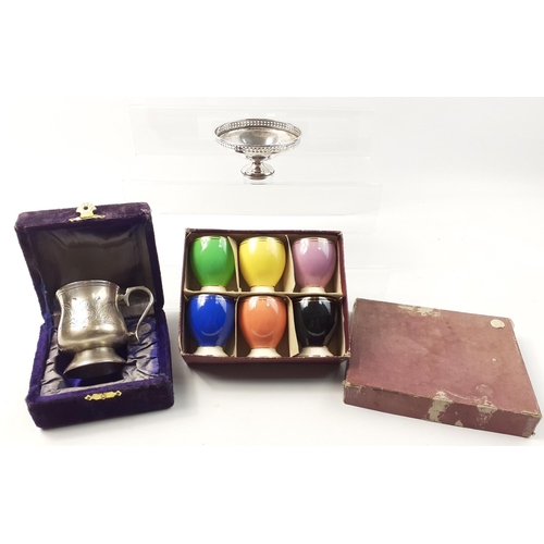 598 - A small collection of pretty looking items which include a bon bon dish, a plated christening cup an... 