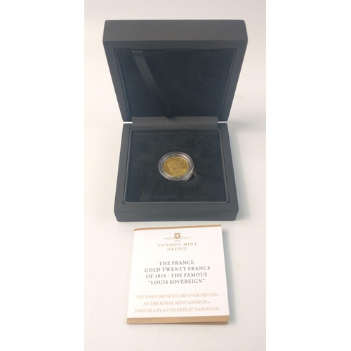 64 - A Louis XVIII gold 20 francs of 1815 coin in coin case and London Mint Office box#64